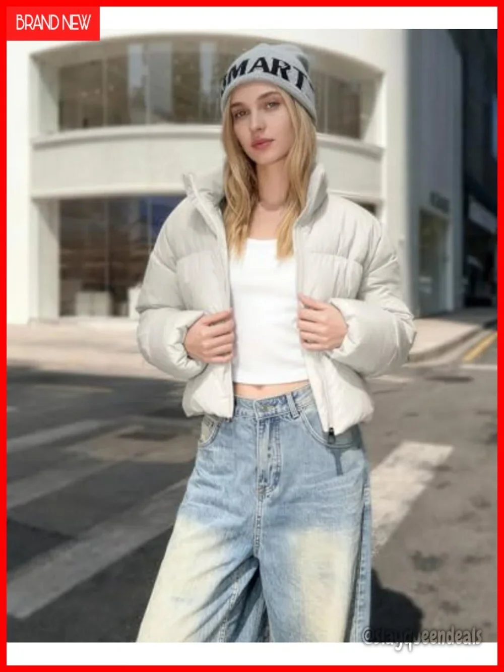 Cropped Puffer Jacket Coat Winter Quilted Outerwear Long Sleeve Puffy Jacket